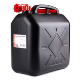 Svart drivstoffkanne på 20 liter med trakt