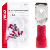 Røde isolerte han-flattstift med 6,3 mm bredde