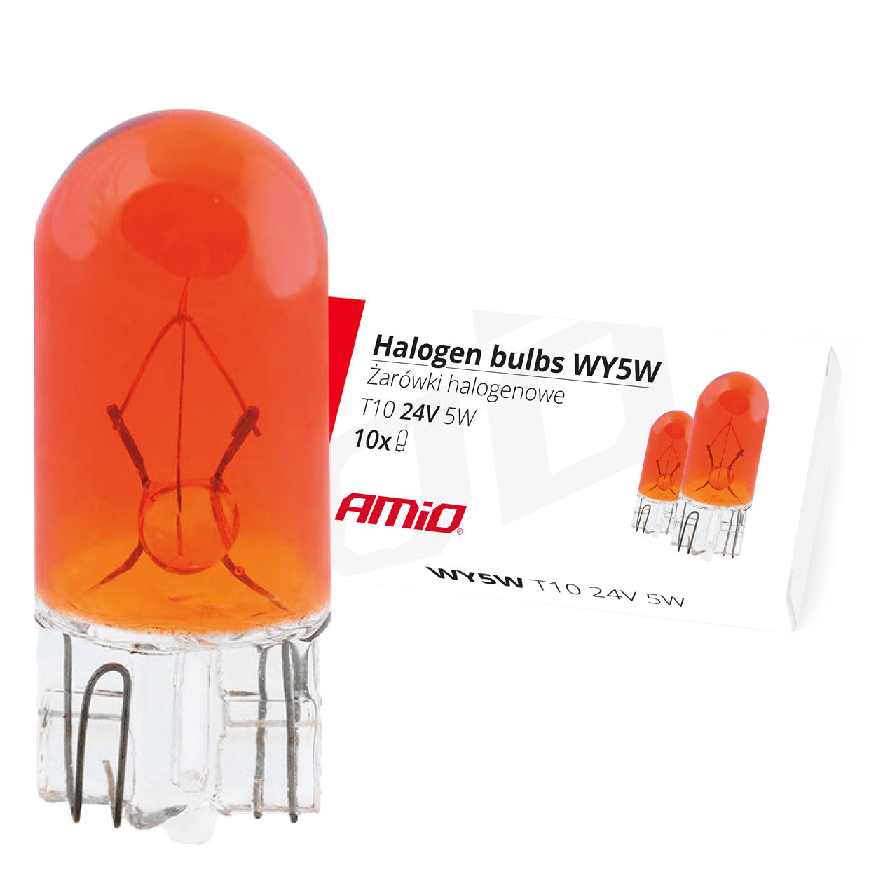 Ravgule WY5W T10 halogenpærer 24V, 10 stk.