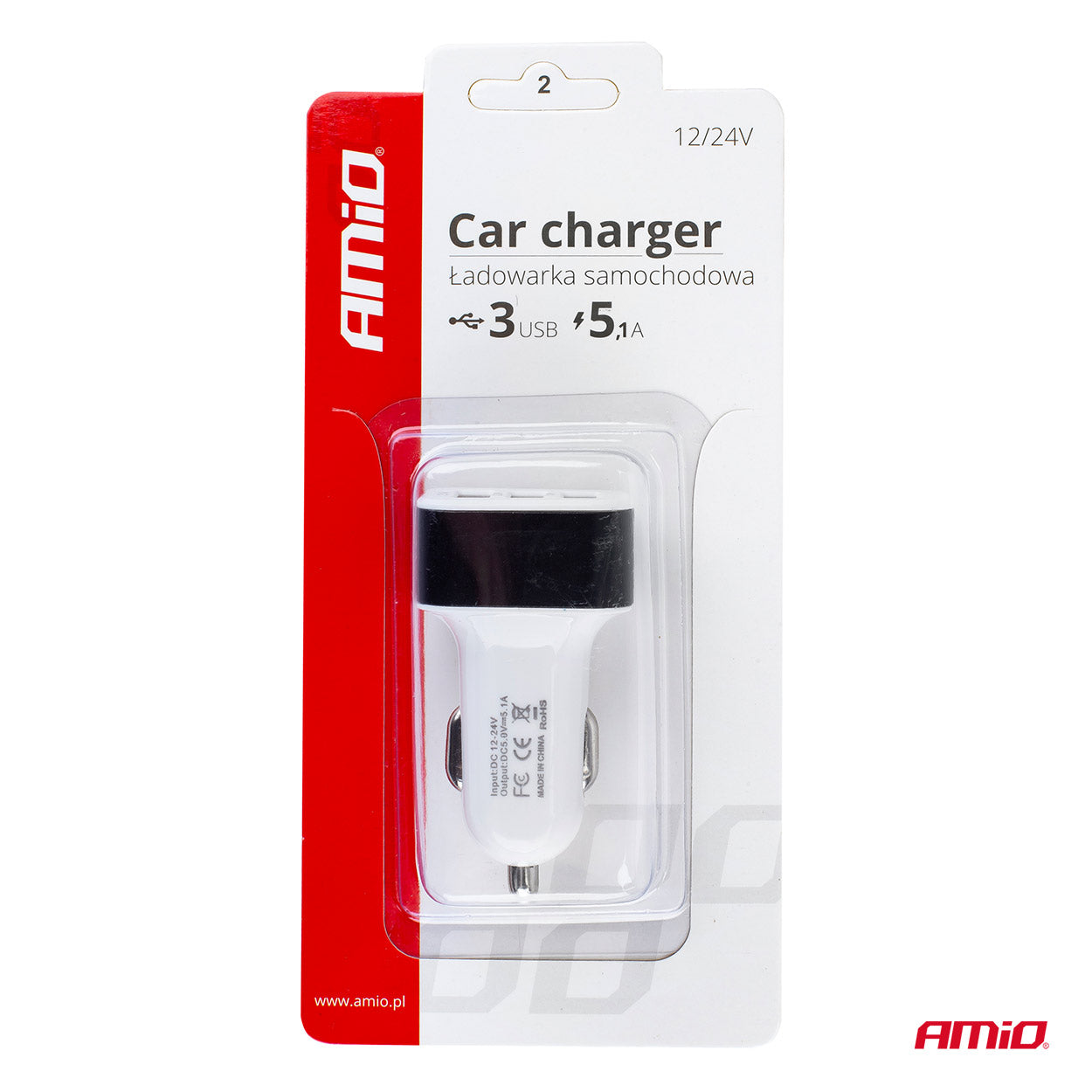 Hvid USB-oplader til bilens 12/24 V-udtag