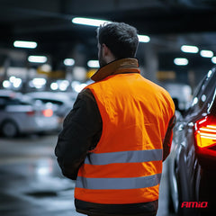 Oransje XL refleksvest med refleksbånd sett forfra