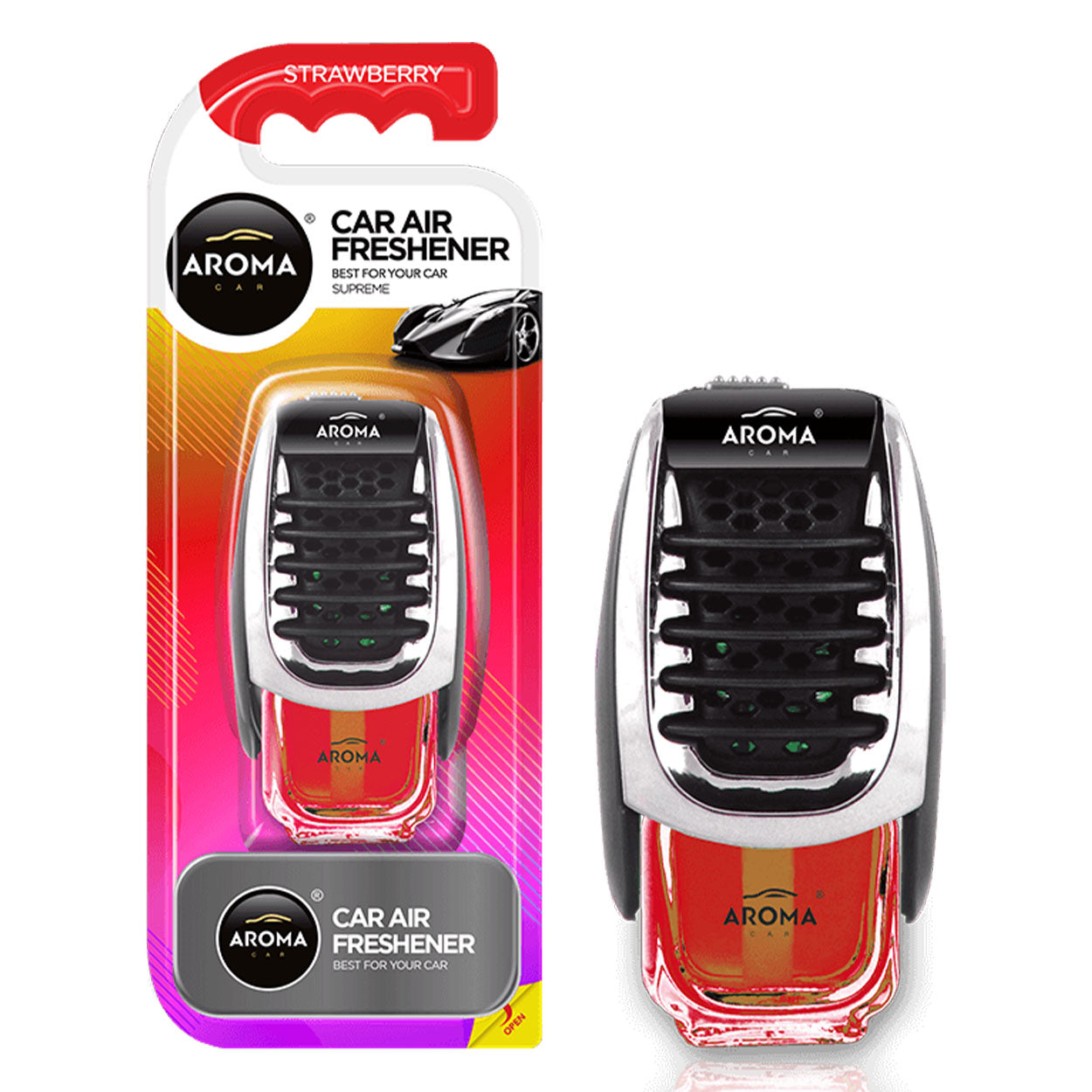 Aroma Car Supreme Strawberry luftfrisker montert i bilens ventilasjonsrist