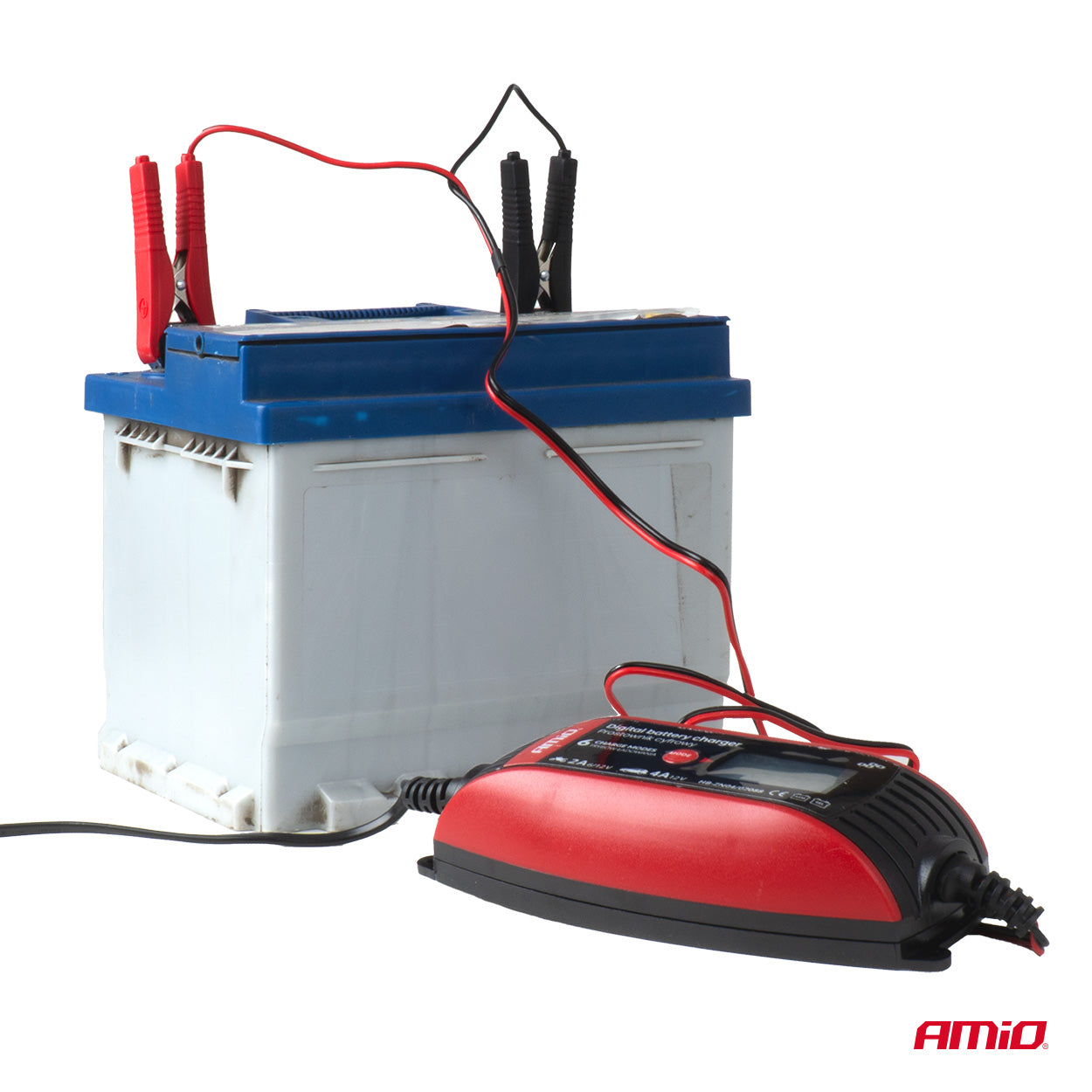 Digital batterilader med display og betjeningsknapp