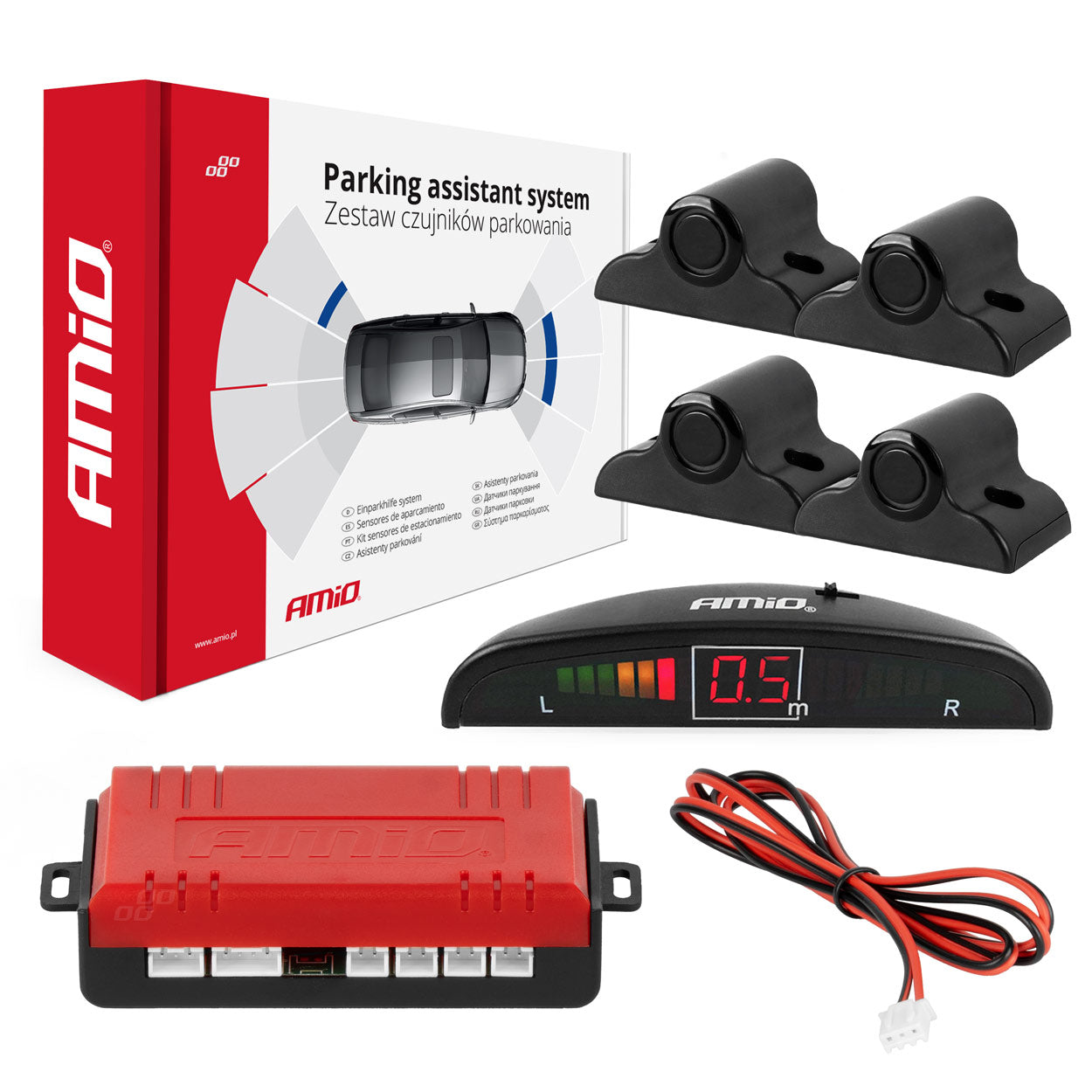 Parkeringssystem med LED-display og fire svarte TRUCK-sensorer