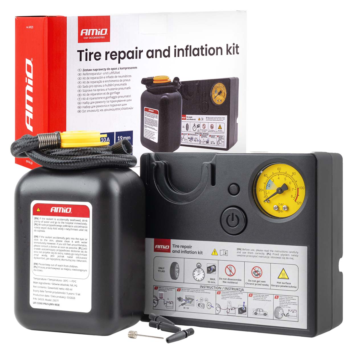 Dekkreparasjonssett med 12V-kompressor