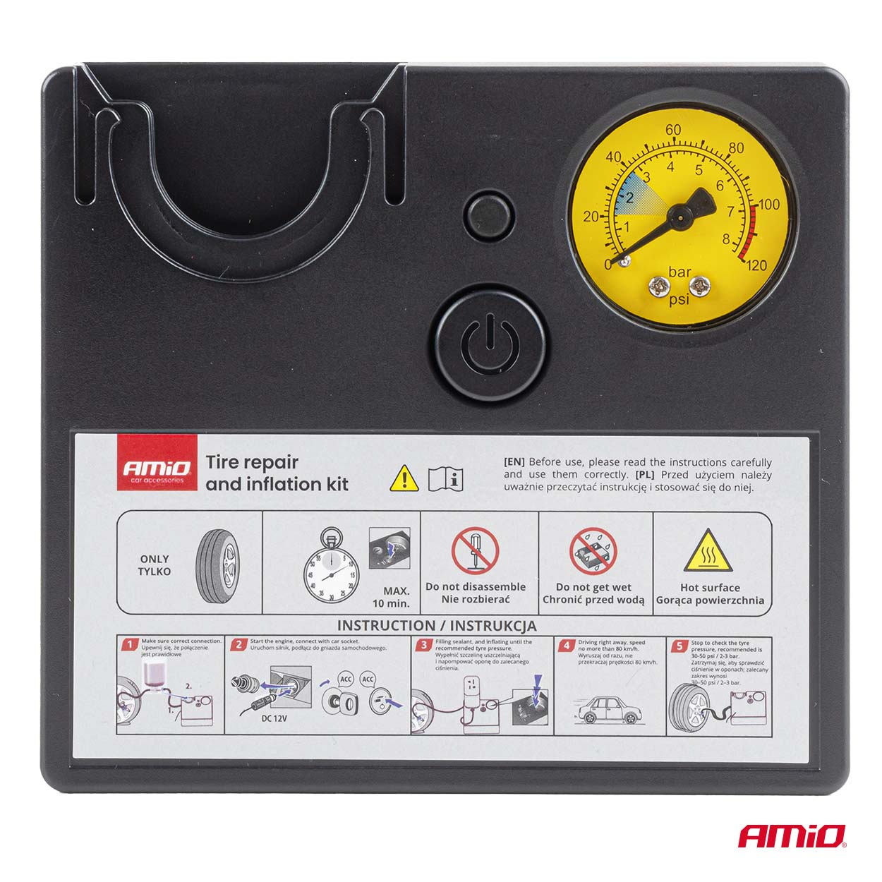 12V-kompressor med trykkmåler til bildekk