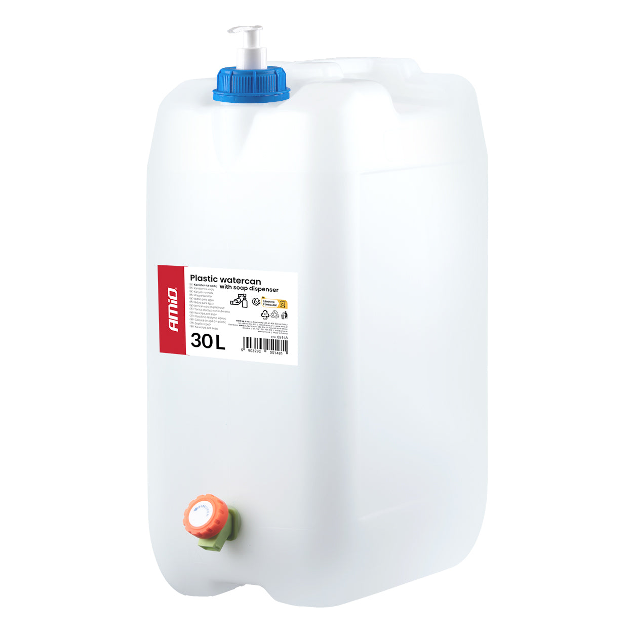 Hvit 30 liters vanndunk med kran og såpedispenser