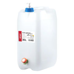 Hvit 30 liters vanndunk med kran og såpedispenser
