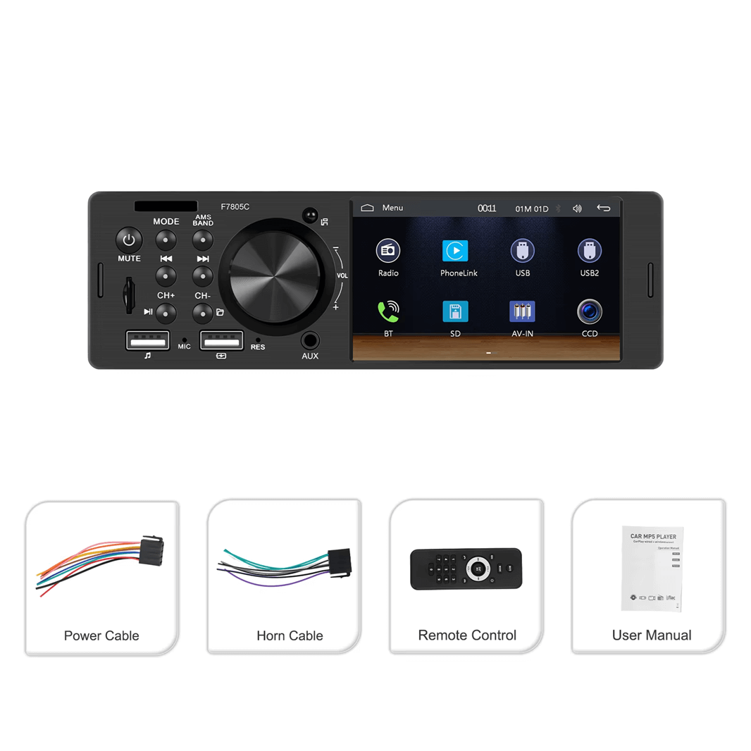 Universel - 4" 1-din radio m. Apple Carplay og Android Auto (kablet) med 4" skærm og tilbehør.