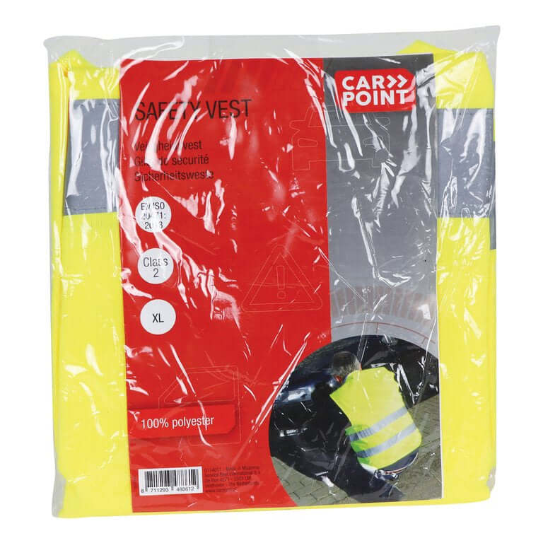 Refleksvest voksen – gul sikkerhedsvest fra Carpoint, pakket i plast, størrelse XL, høj synlighed vester.