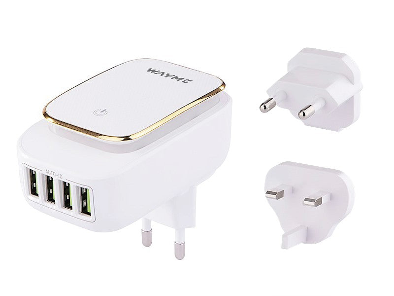 WAYME reiselader med 4 USB-A, LED-lys og plugg for EU, UK og USA