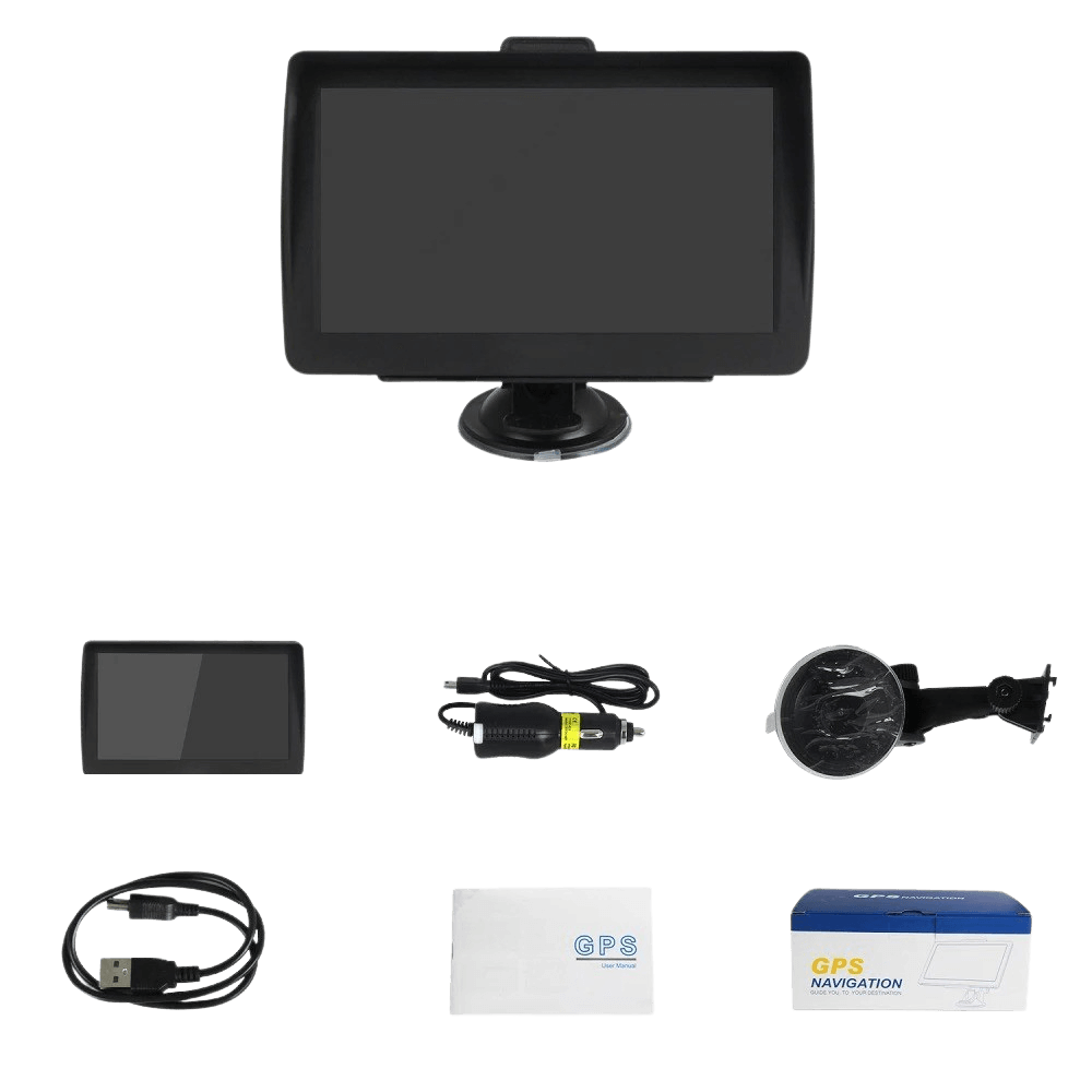 7" GPS Skærm – EU Navigation, FM Radio og Medieafspilning med tilbehør, herunder kabel og holder.