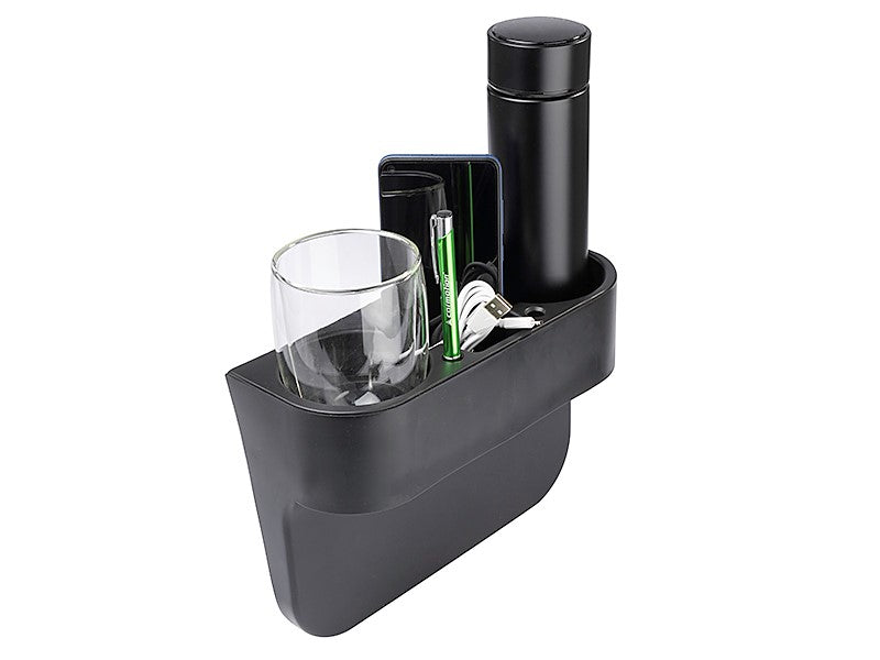 Svart organizer til bil med koppholder og rom for småting