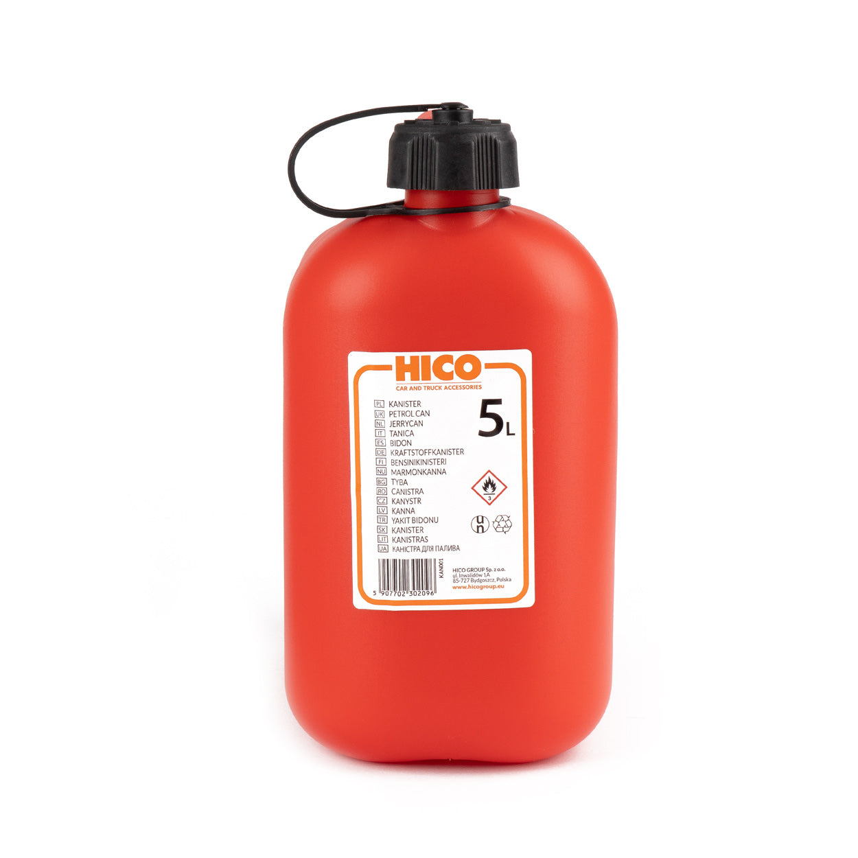 Rød bensinkanne i plast på 5 liter