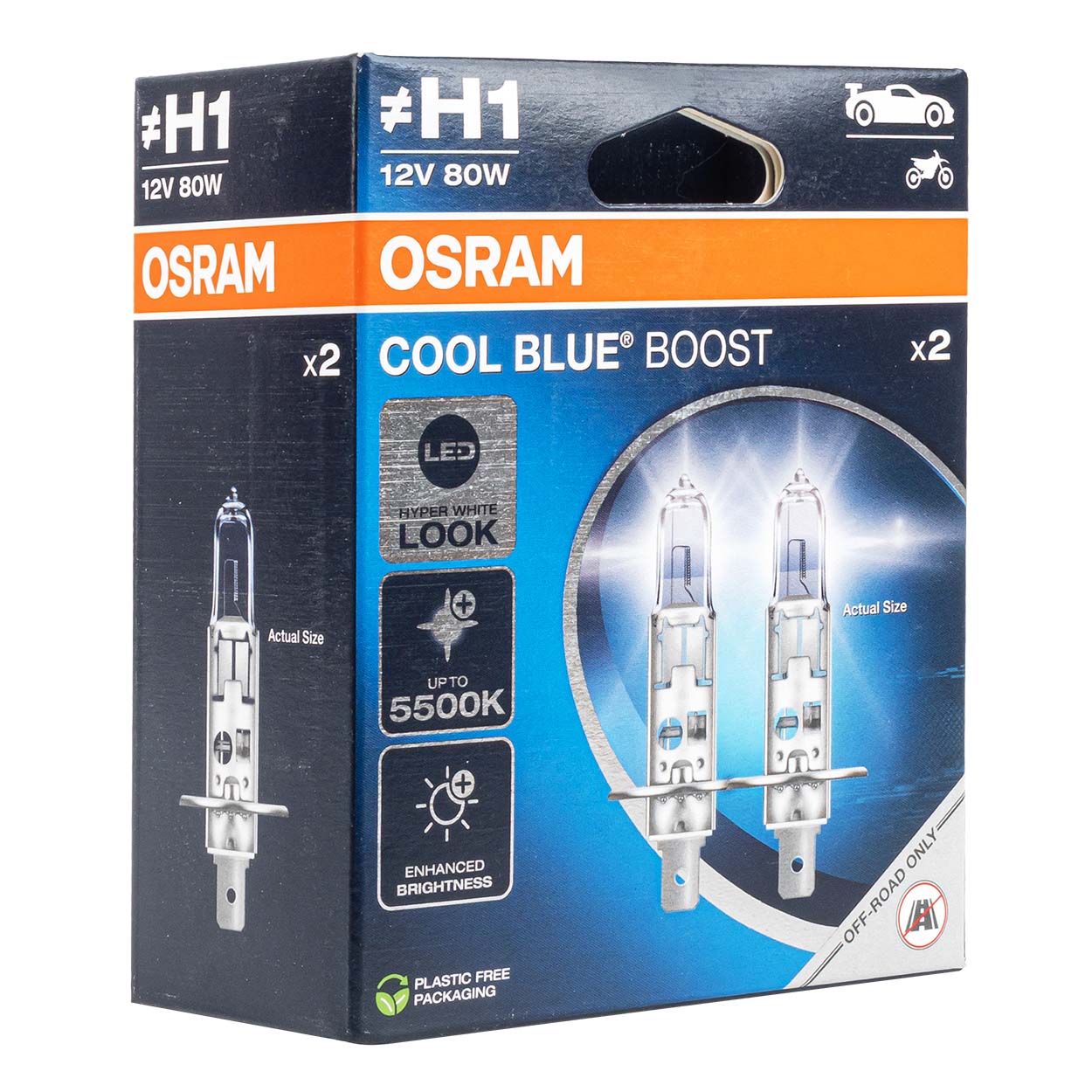 Osram H1 halogenpærer 12V 55W P14,5s Cool Blue Boost 5500K, 2 stk