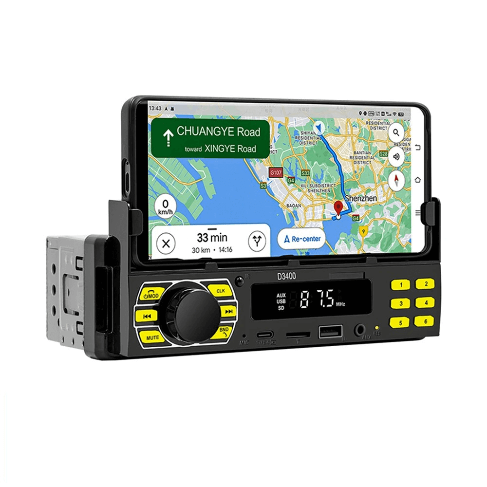 Universel 1-DIN Radio med telefonholder, USB-C og Bluetooth 5.1 med GPS-navigation på telefon.