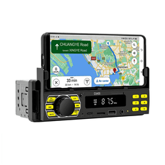 Universel 1-DIN Radio med telefonholder, USB-C og Bluetooth 5.1 med GPS-navigation på telefon.