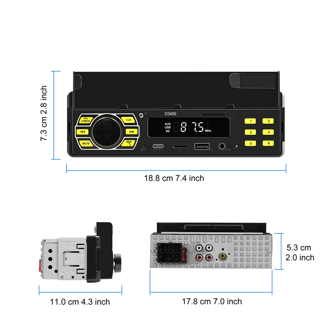 Universel 1-DIN Radio med telefonholder, USB-C og Bluetooth 5.1 med digitalt display og porte.