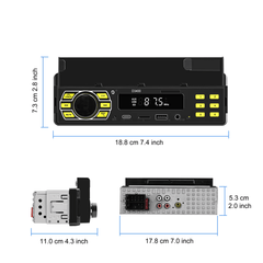Universel 1-DIN Radio med telefonholder, USB-C og Bluetooth 5.1 med digitalt display og porte.