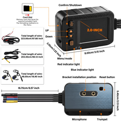 Motorcykel dashcam 2” med for- og bagkamera 1080P - detaljeret billede af dashcam funktioner og tilslutningsmuligheder