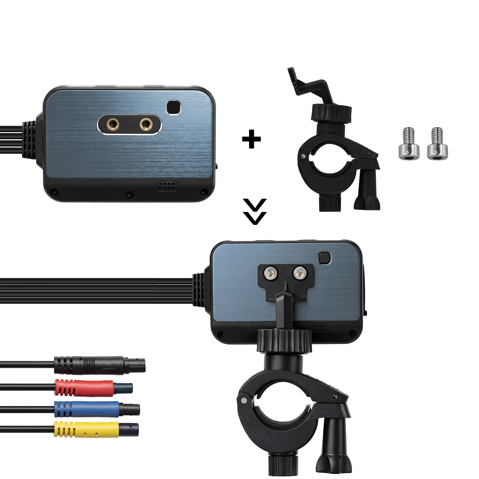 Motorcykel dashcam 2” med for- og bagkamera 1080P, inkl. monteringssystem og tilslutningskabler.
