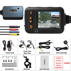 Motorcykel dashcam 2” med for- og bagkamera 1080P - front- og bagkamera samt tilbehør og kontrolenhed.