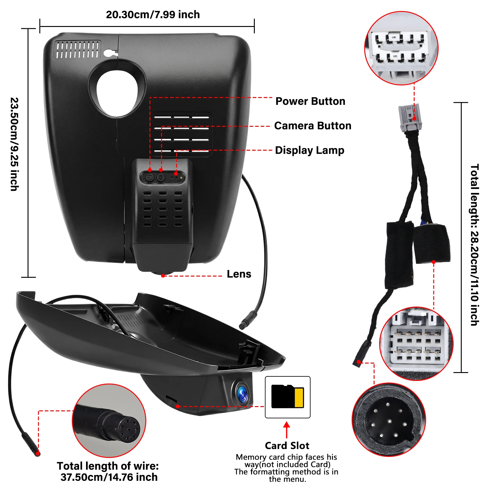 Mazda CX-5 & CX-9 dashcam 4K OEM-look detailed view showing buttons, lens, and card slot.