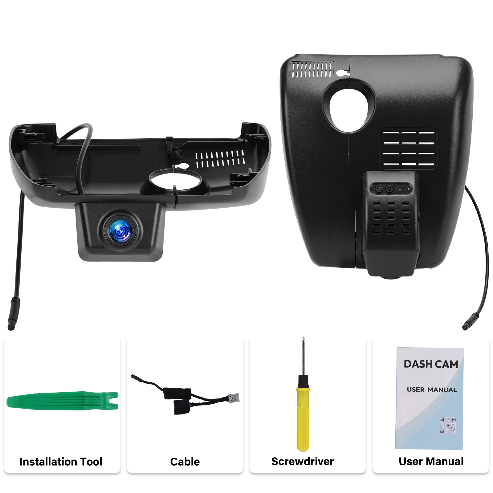 Mazda CX-5 & CX-9 dashcam 4K OEM-look installation kit, including camera, tools, and user manual.