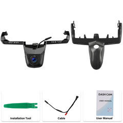BMW X3 dashcam 2018-2024 4K OEM-look installation tool, camera mockup, cable, and user manual.