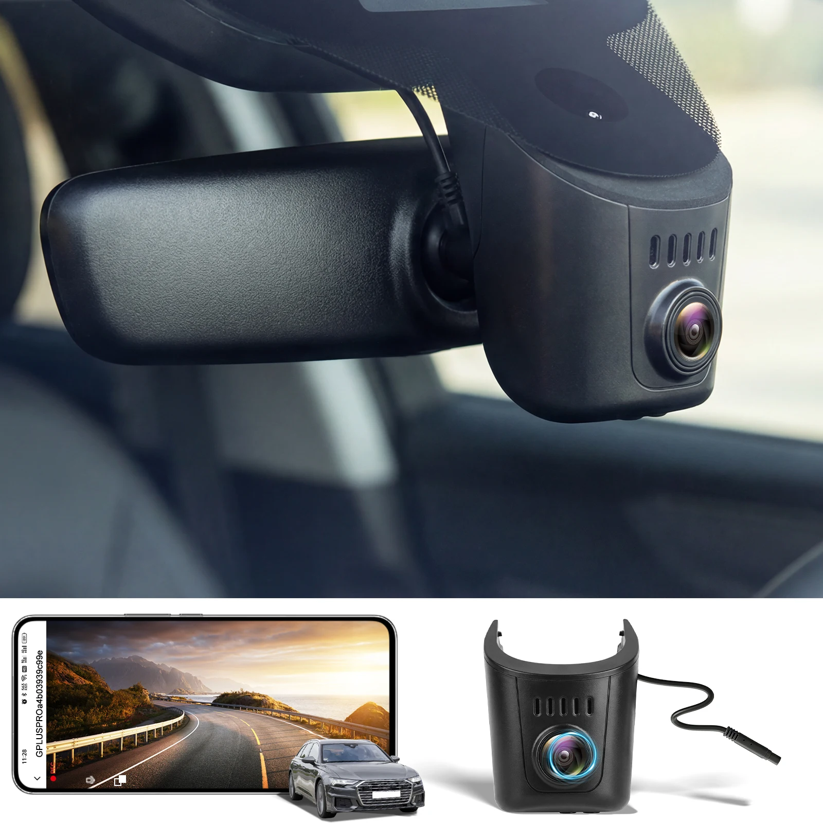 Audi dashcam 4K OEM-look mounted near rearview mirror in a car interior with smartphone display.