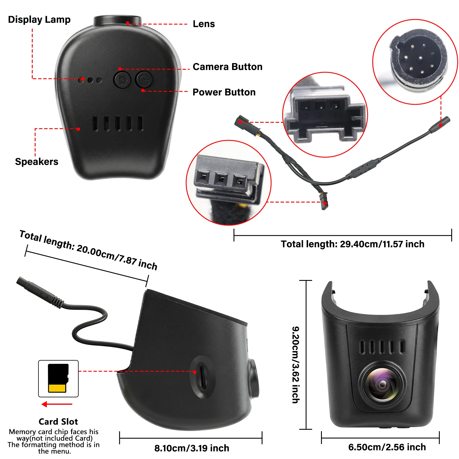 Audi dashcam 4K OEM-look detailed view, showcasing components like lens, buttons, and card slot.