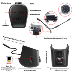 Audi dashcam 4K OEM-look detailed view, showcasing components like lens, buttons, and card slot.