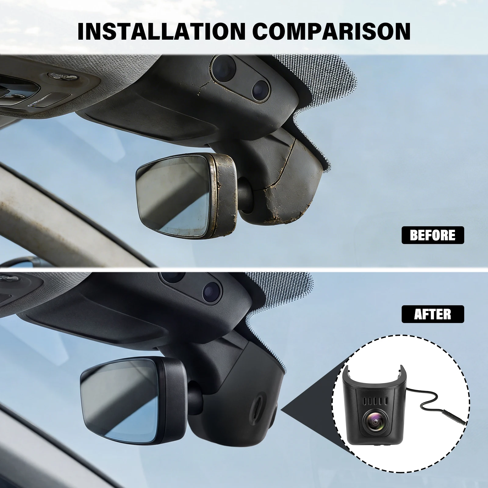 Installation comparison of Audi dashcam 4K OEM-look showing before and after views.