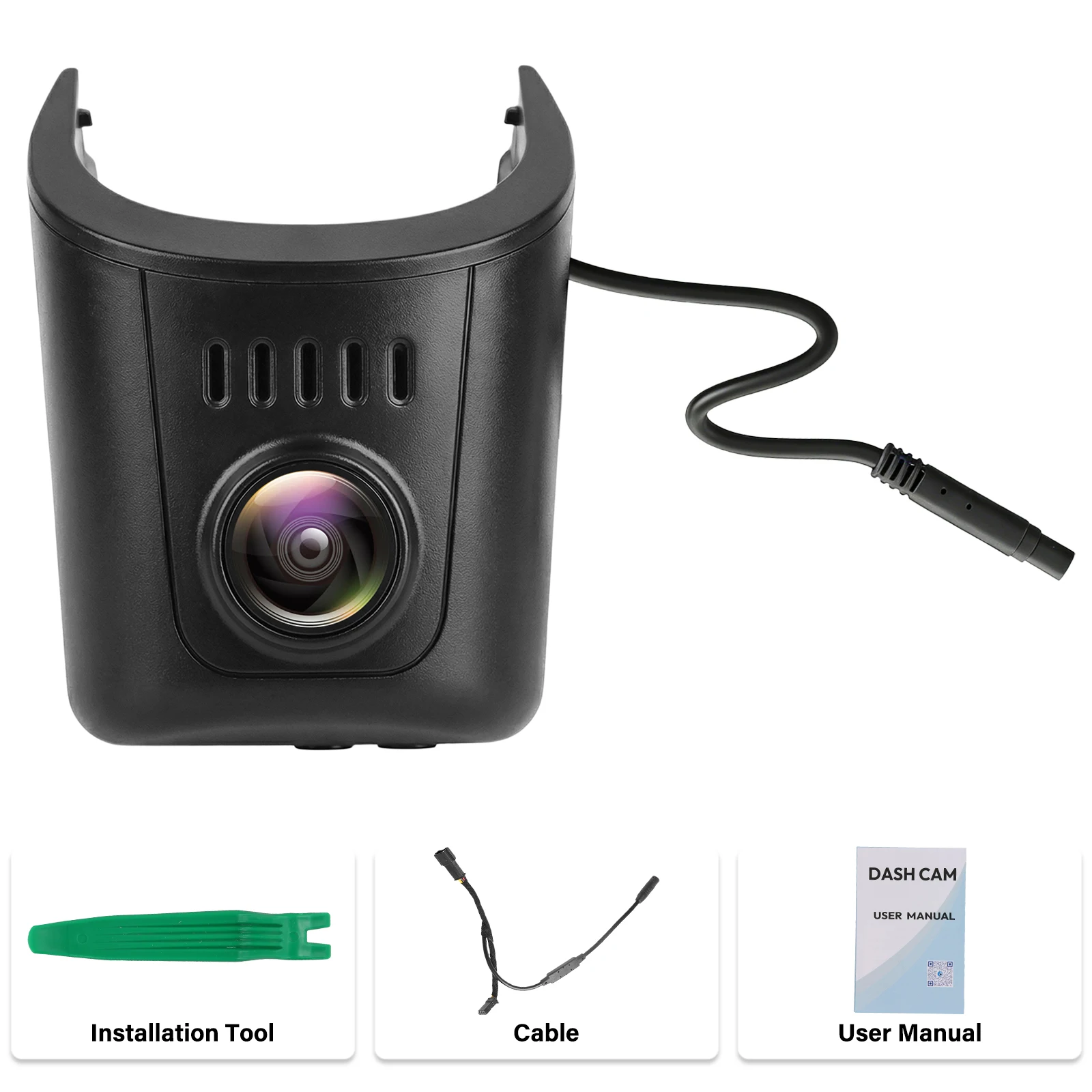 Audi dashcam 4K OEM-look with installation tool, cable, and user manual included.